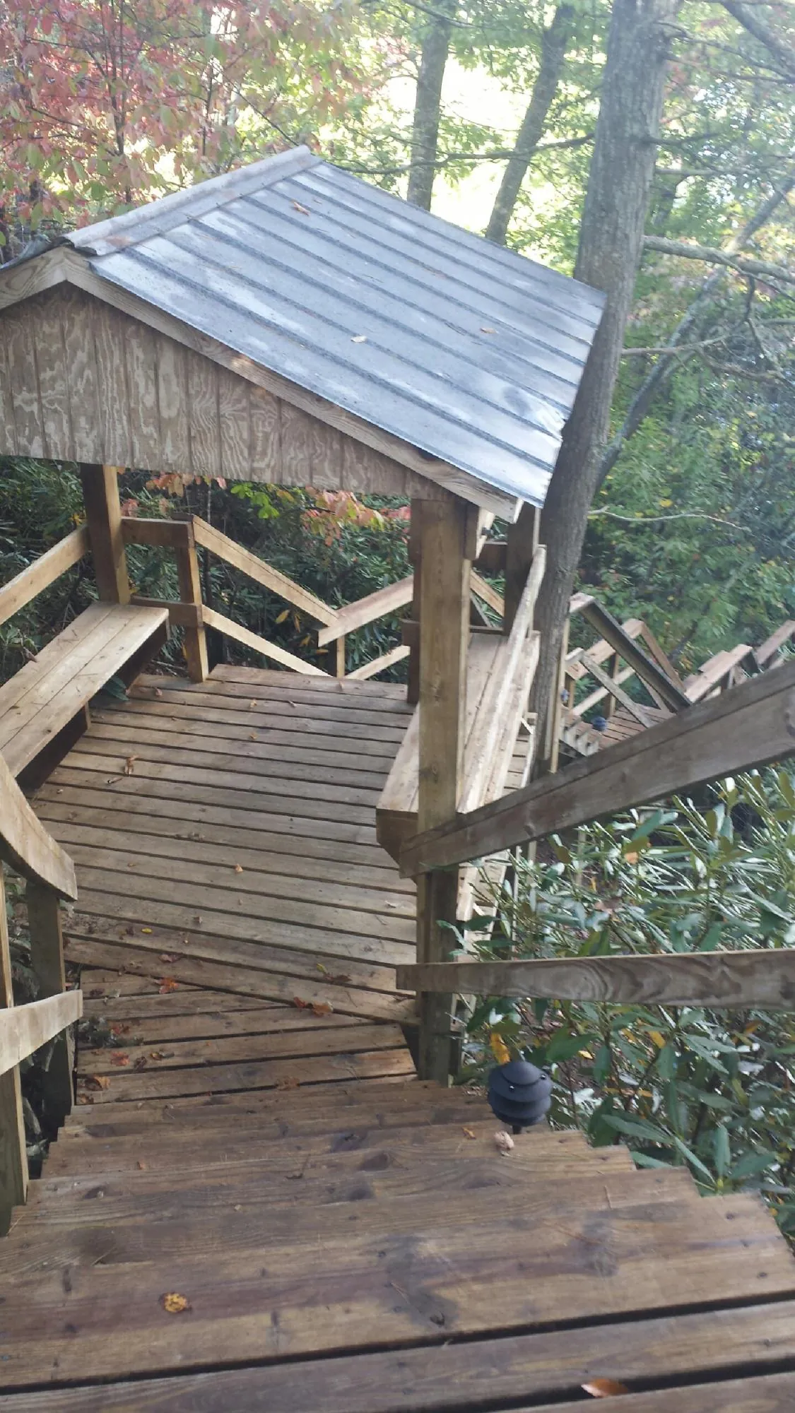 Metal roofed shelter over wooden steps on a wooded walkway — Skylight Repair & Installation work by our crew in Rush